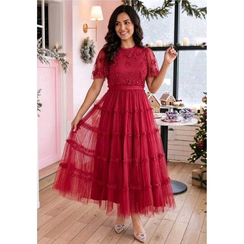NWT Ivy City Co. Anastasia in Dark Red Embellished Tulle Ruffled Midi Dress XL